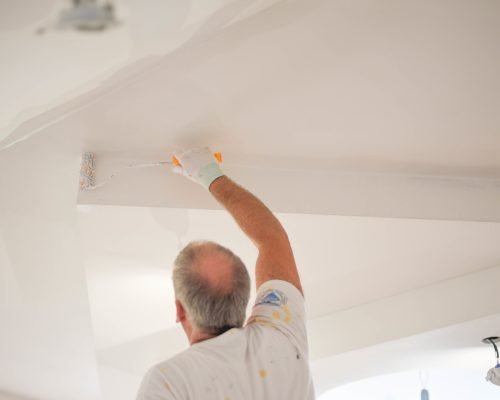 Back view of a handyman painting a wall with a paintbrush